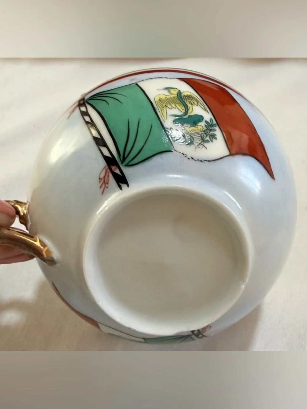 Vintage Porcelain Tea Cup Mexican Flag Design  Rare Historical Souvenir